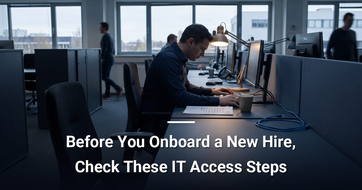 IT technician configuring a desktop workstation for a new employee using a printed checklist in a modern office