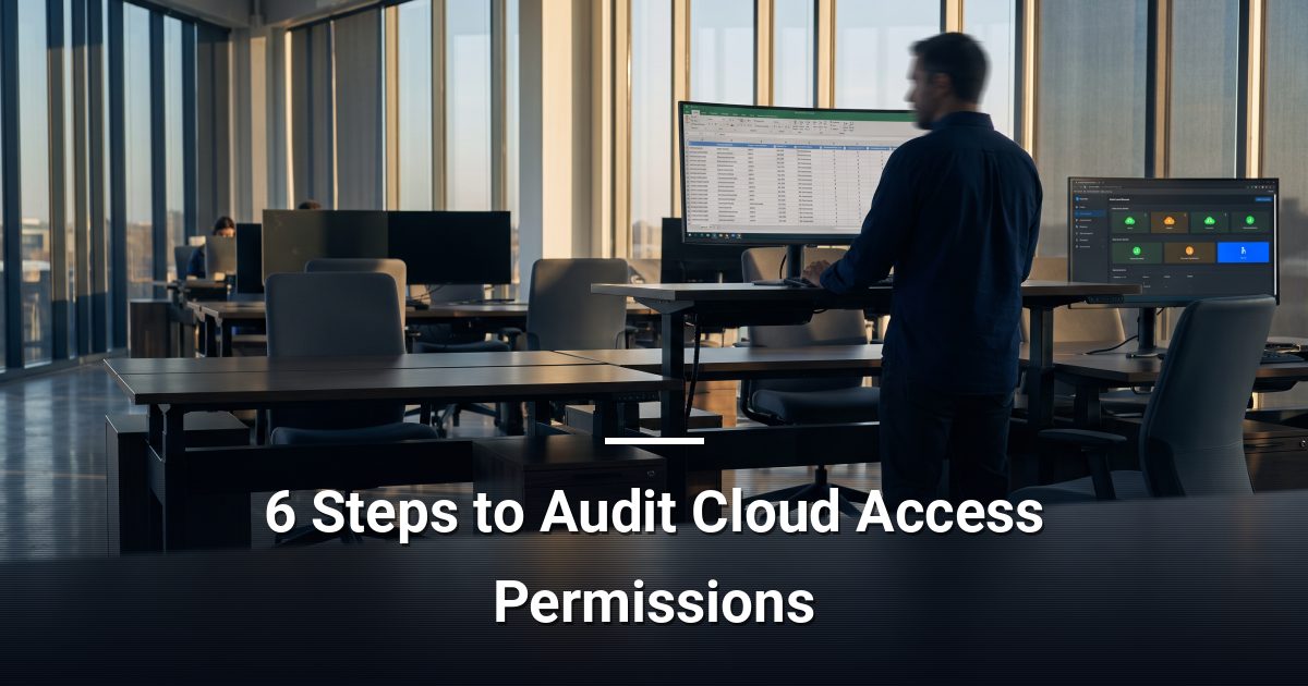 Network administrator reviewing a cloud user permissions spreadsheet on dual monitors in a sunlit open-plan office