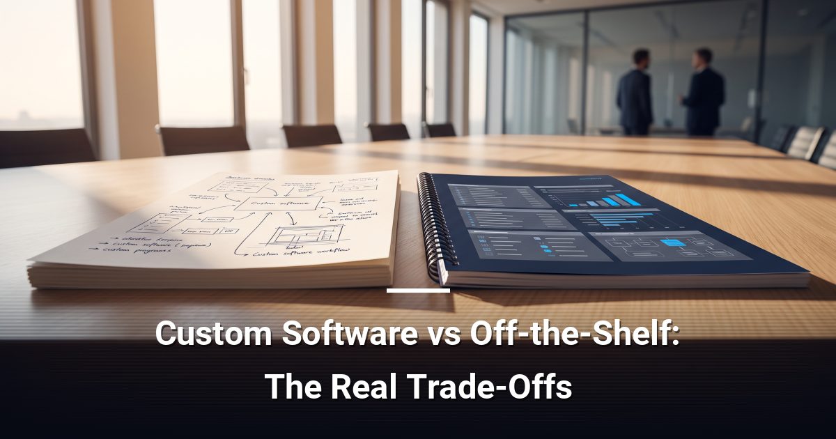 Two software proposals on a conference table in warm morning light, representing a build-versus-buy evaluation.
