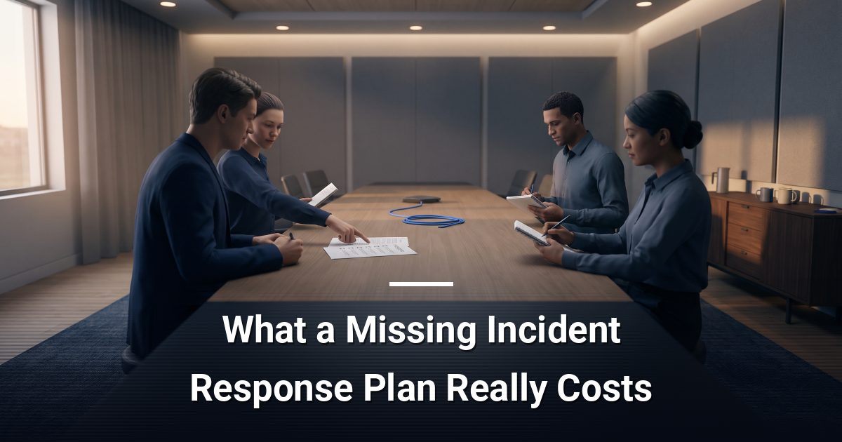 Three colleagues reviewing a printed incident response checklist in a conference room during an early morning planning session