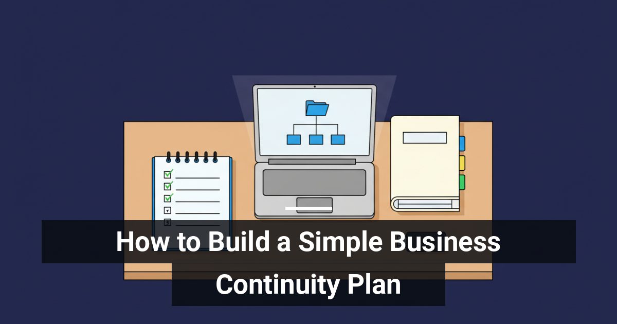 Open notebook with a numbered business continuity checklist beside a laptop and USB backup drive on a wooden desk