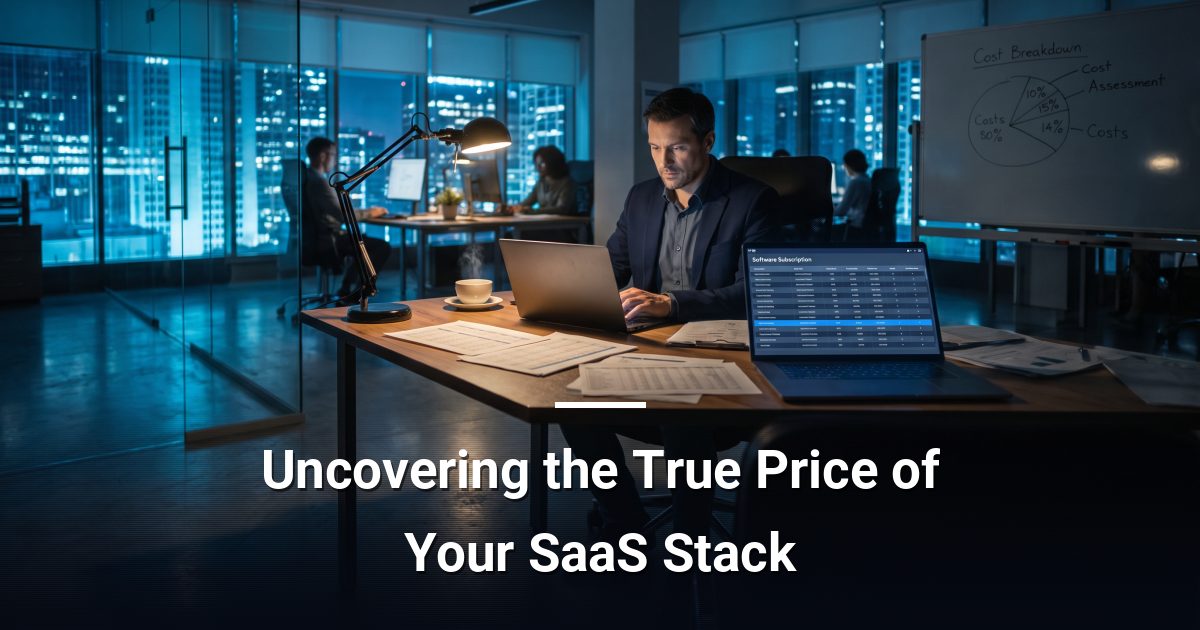 Financial manager reviewing SaaS subscription cost spreadsheets at a bright office desk with a laptop open