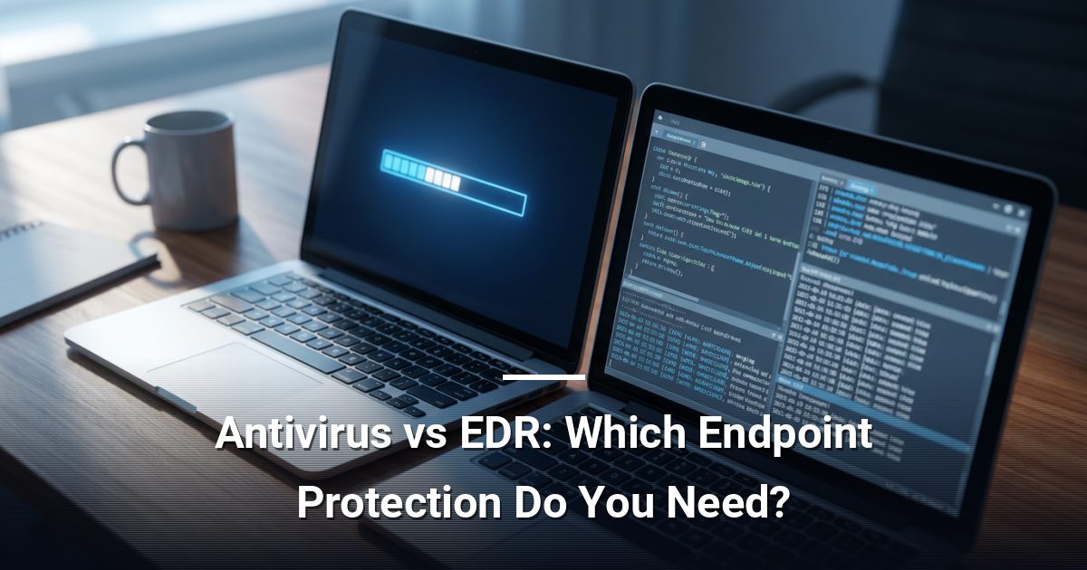 Two laptop screens on a wooden desk showing a basic antivirus scan beside a detailed EDR security event log in a quiet office.