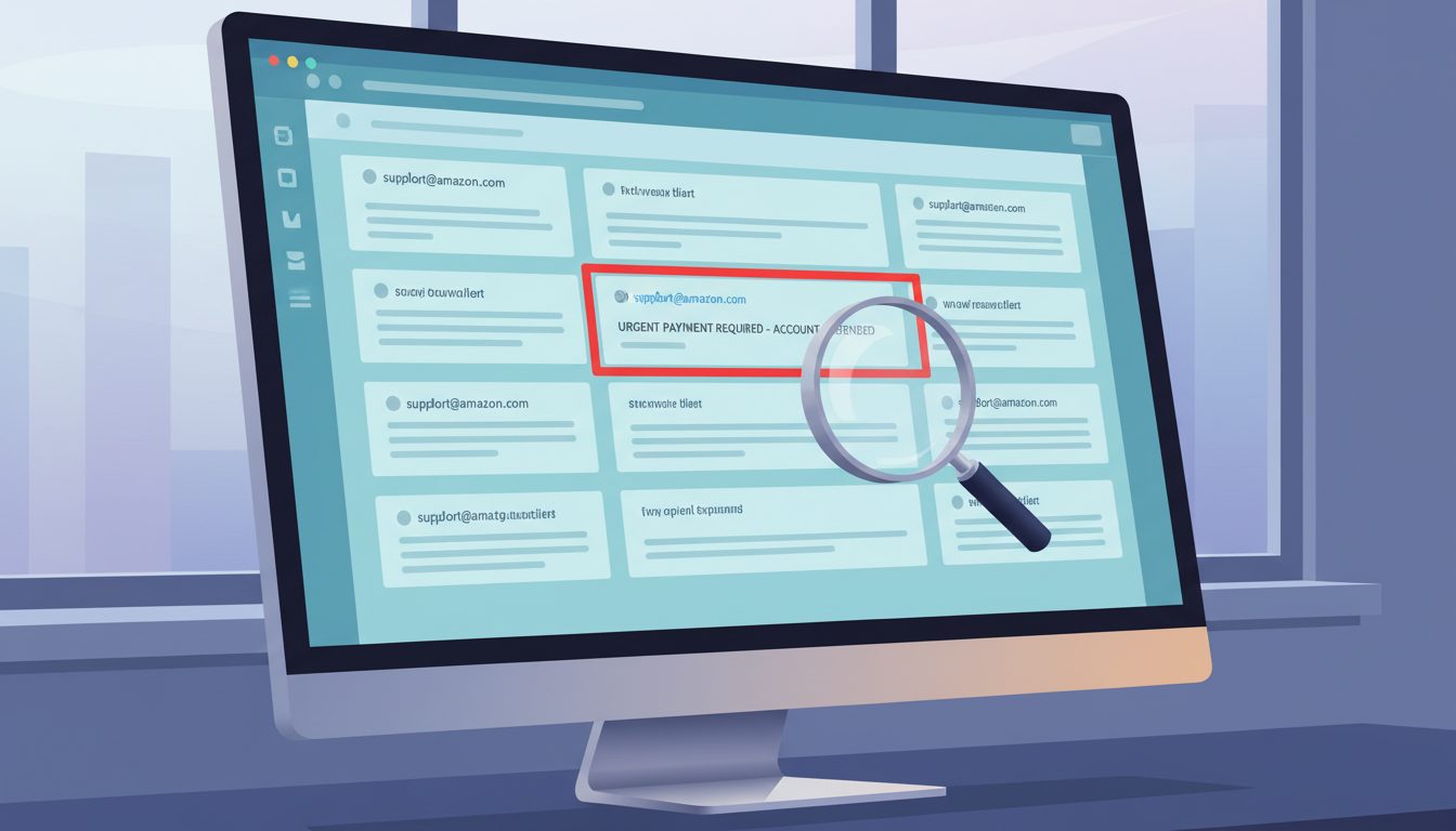 Email inbox with a suspicious phishing email highlighted, showing red warning indicators and a magnifying glass examining the sender details.