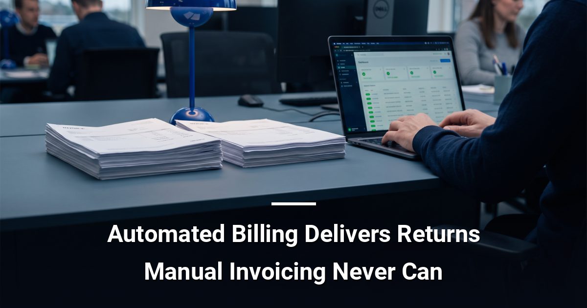 Accounts payable desk with paper invoices beside a laptop showing an automated billing dashboard in a modern office