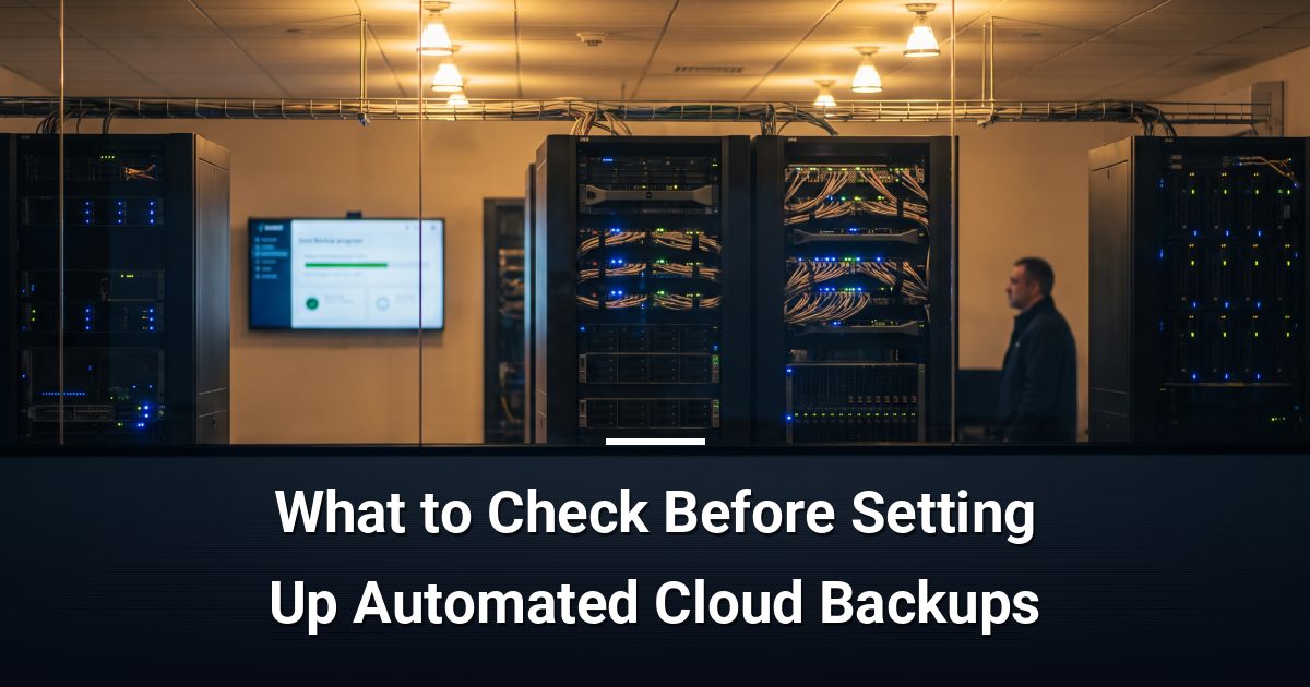 Rack-mounted servers in a tidy office server room with a backup status monitor visible on the wall at dusk.