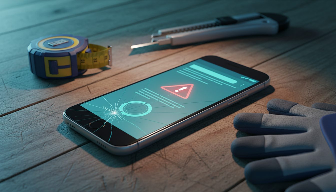 Smartphone on a contractor's workbench showing a suspicious payment notification with a red warning triangle, surrounded by trade tools