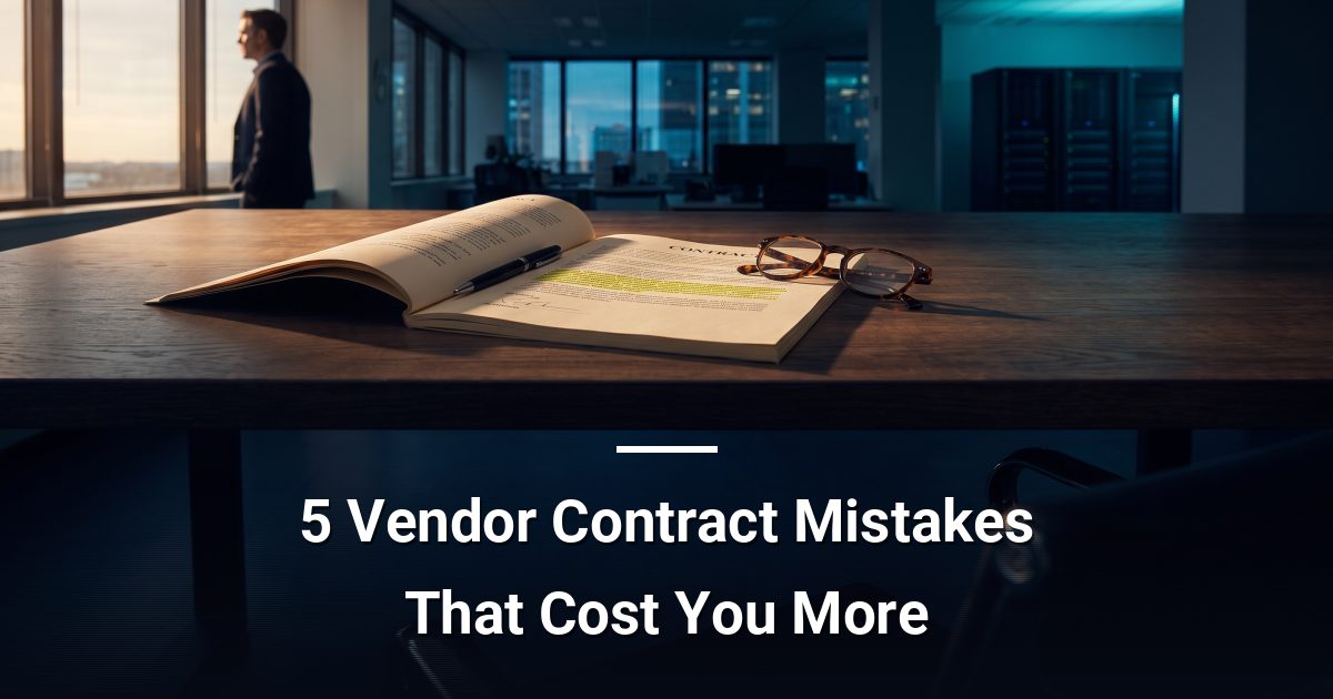 Printed vendor contract open on a desk with a pen and reading glasses resting on a highlighted clause