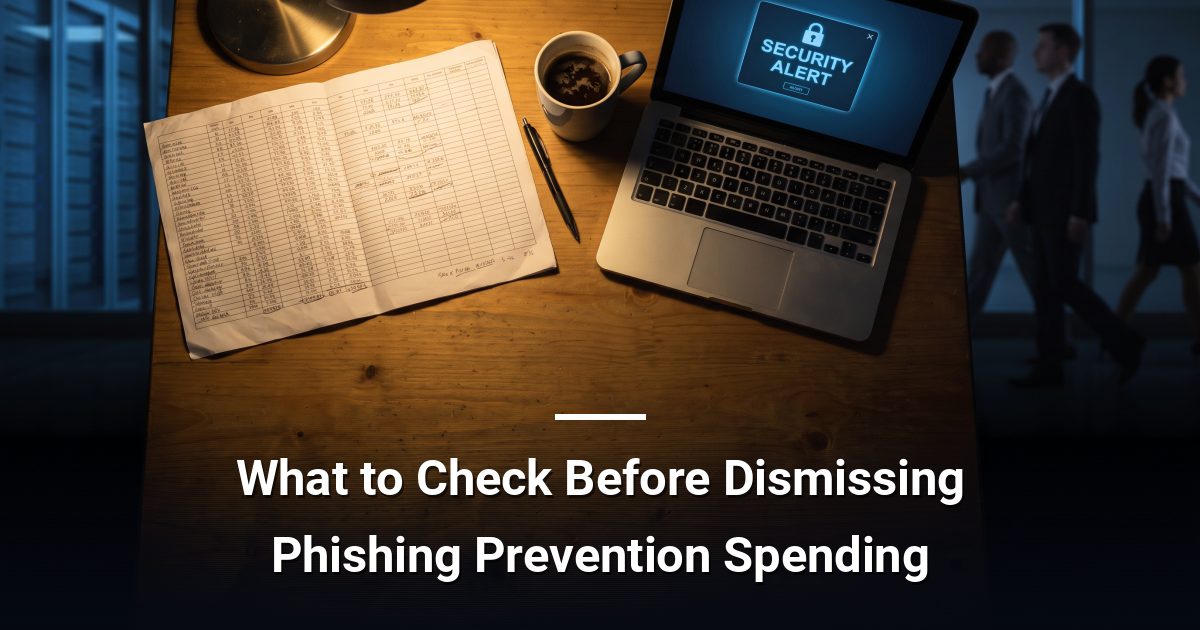 Printed financial spreadsheet on a wooden desk beside a laptop showing a security alert, photographed under warm evening office light.