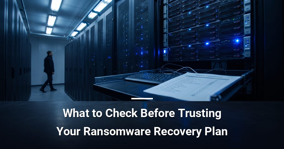Server rack in a dimly lit data centre with a printed incident response checklist resting on a keyboard tray in the foreground
